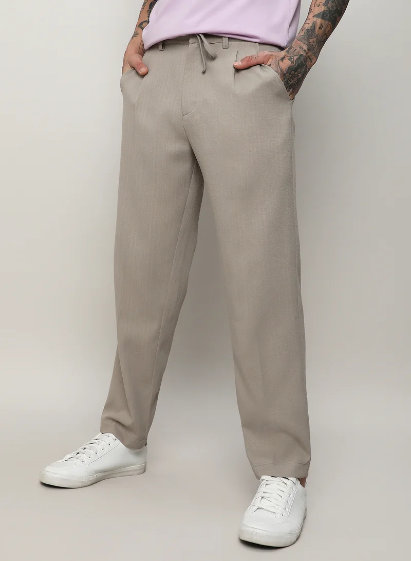 Men's Oatmeal Beige Solid Tailored Trousers For Casual Wear | 4 Pockets | Regular Fit | Drawstring Closure | Trousers Crafted With Comfort Fit For Everyday Wear